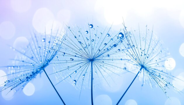 Close-up of delicate dandelion seed heads with water droplets