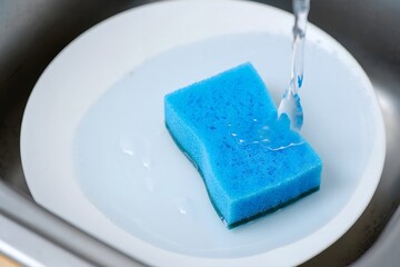 Cleaning dish with blue sponge in sink water home cleaning routine shot