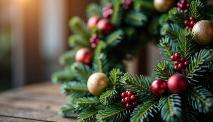 Fototapeta premium Handmade Christmas wreath close-up featuring natural textures, subtle warm light, and soft shadow play for an elegant festive craft vibe