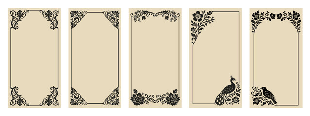 Set of elegant vintage-style decorative frames with floral motifs and ornamental borders. Includes variations with birds and a peacock, ideal for invitations, labels, stationery, and classic design