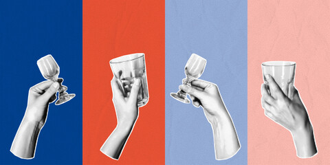Celebration poster concept with human hands raising glasses. Halftone collage in bold modern colors. Social media design template for party, toast, and festive mood.