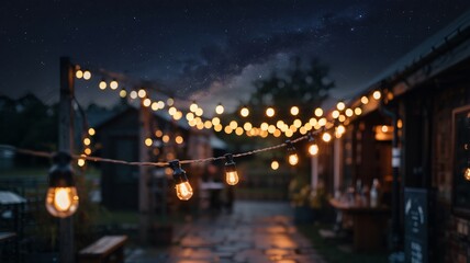 Outdoor string lights glowing warmly beneath a starry dark night sky