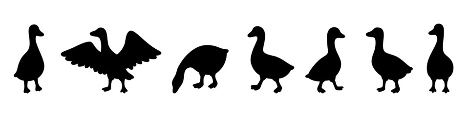 Black geese silhouettes in flapping, walking, and pecking poses. Clean cartoon vector set