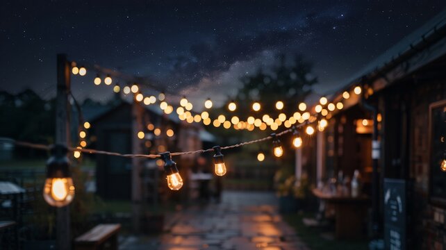 Outdoor string lights glowing warmly beneath a starry dark night sky