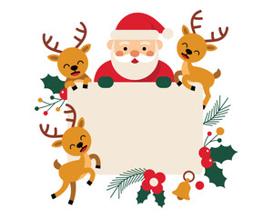 Fototapeta premium Cute Christmas Frame with Santa and Playful Reindeer Surrounded by Holly and Festive Decorations