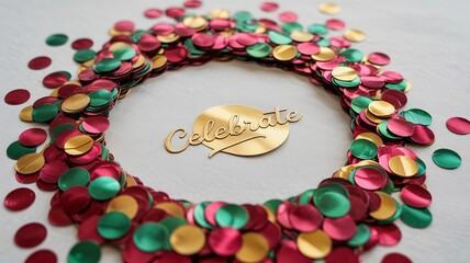 Celebrate text surrounded by vibrant metallic gold green and pink confetti