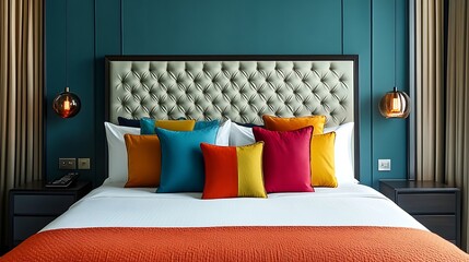Bed with a colorful pillow arrangement and a blue wall behind it