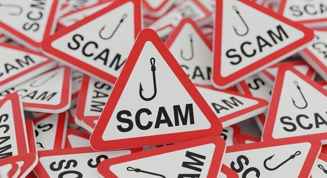 A pile of red and white triangular warning signs with scam text and a fishing hook icon, symbolizing widespread online fraud and deceptive practices