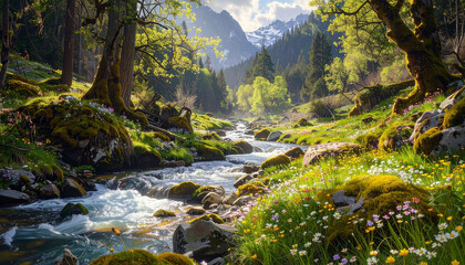Alpine Spring Landscape with Flowing Creek and Sunny Forest