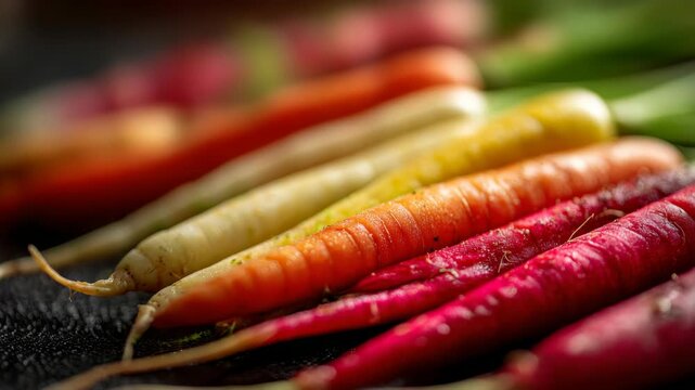 Colorful array of rainbow carrots featuring vibrant red, orange, yellow, and purple hues