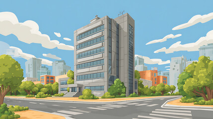 Modern office building with surrounding trees and cityscape street clouds