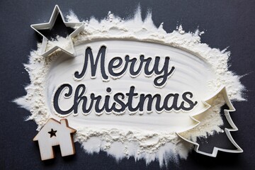 Merry christmas baking background with cookie cutters and flour decoration