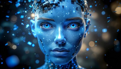 Mystic Blue Portrait: An alluring blue-toned portrait of a futuristic figure, showcasing an aura of advanced technology.