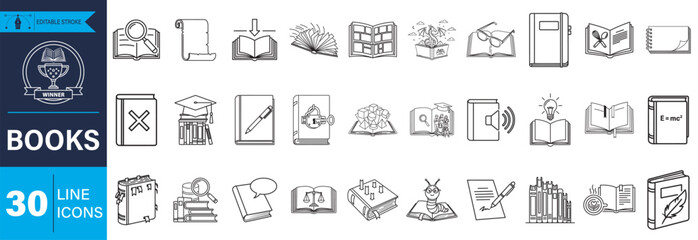 Thirty outline book and education icons. Perfect for academic projects, learning resources, and library themes. Clean, modern line art. Includes books, study, knowledge.
