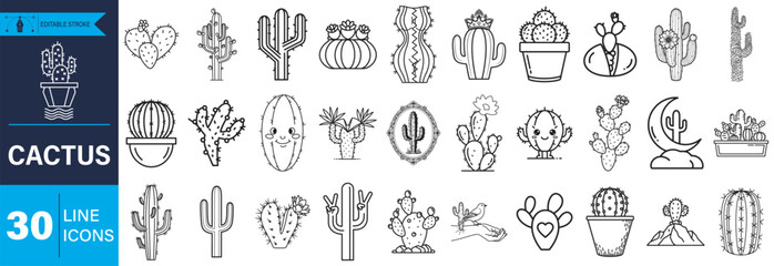 Naklejka premium A comprehensive vector set featuring 30 diverse cactus line icons, perfect for web design, apps, print, and various digital projects. Includes potted, flowering, and desert plant illustrations.