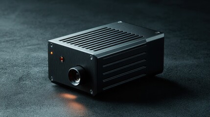 angular high power laser module with visible vents metal texture subtle glowing indicators dark matte background product showcase clean detail