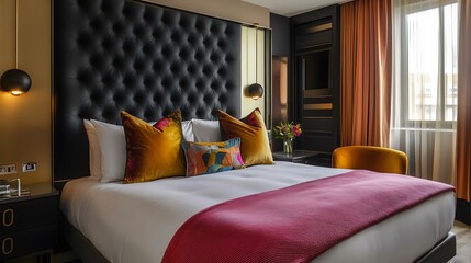 Large bed with a black headboard and a red blanket
