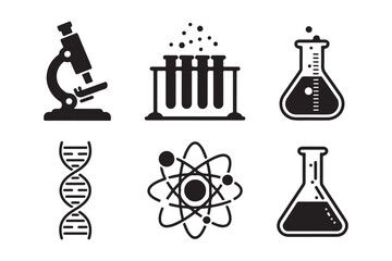 Science icons featuring microscope dna atom and flasks