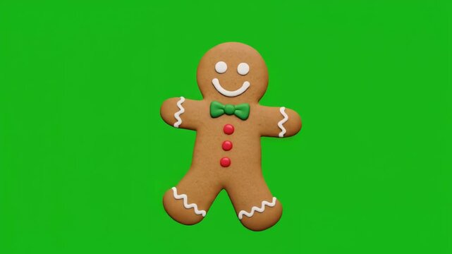 Festive gingerbread man dancing on a vibrant green screen, perfect for holiday promotions, Christmas videos, and cheerful seasonal content, capturing the spirit of joy