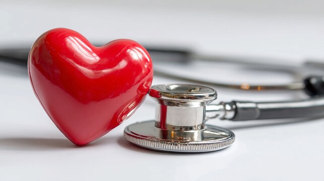 A medical stethoscope lies next to a vibrant red heart shape on a clean white surface, symbolizing cardiology and healthcare.