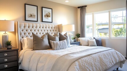 Fototapeta premium Large white bed with a white comforter and pillows