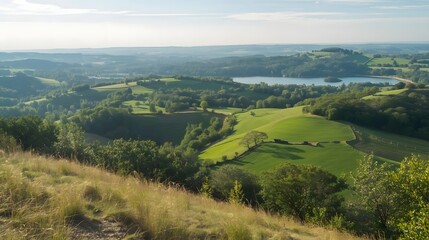 Fototapeta premium A Panoramic Verdant Vista: Sweeping views of undulating green hills, a serene lake, and lush forests create a picture of natural beauty, inviting exploration.
