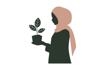 Woman in hijab tending to a potted plant symbolizing growth