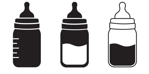 Baby milk bottle or feeding bottle icon vector set. Silhouette of  baby feeding bottle symbol. Vector illustration.