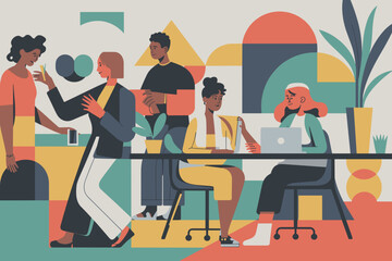 Vibrant Co-Working Space with Focused Professionals Engaged in Collaborative Work and Digital Tasks in Soft Pastel Tones