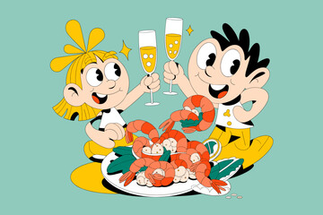 Happy Young Woman Engaging with Smartphone Amidst Green Hills and a Quaint Cottage in Vibrant Colors