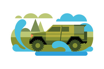 Dynamic Off-Road Adventure: Bold Green SUV Splashing Through Vibrant Muddy Terrain © VGX Ultra