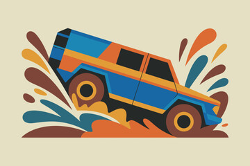 Dynamic Off-Road Adventure: Bold Green SUV Splashing Through Vibrant Muddy Terrain © VGX Ultra