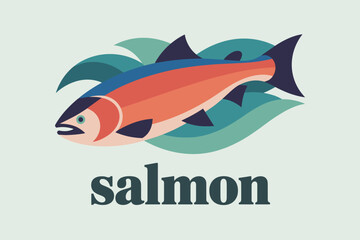 Vibrant Salmon Logo Swimming Through Waves in Dynamic Ocean Blue and Coral Hues