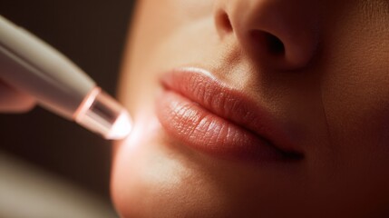 close shot of woman s lips receiving gentle laser rejuvenation warm soft light refined minimal aesthetic premium beauty clinic atmosphere high detail
