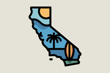 Vibrant California Illustration with Surfboard, Palm Trees, and Sunset Over Blue Ocean Waves