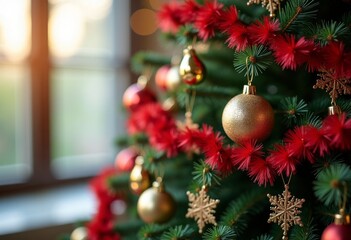 Christmas tree decorated with baubles and ribbons
