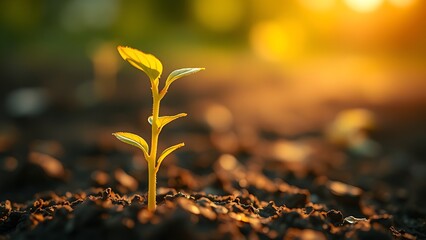 Young sapling emerging from rich soil, sunlight filtering through leaves in a detailed macro view.