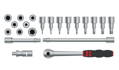Realistic socket wrench kit + bolts &ndash; easy to edit stock illustration