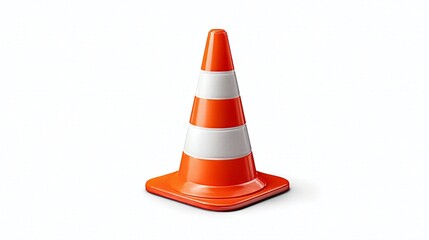 A bright orange and white striped traffic cone, a symbol of road safety and construction, isolated on a clean white background.