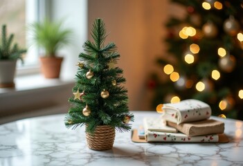 Small tabletop Christmas tree with ornaments