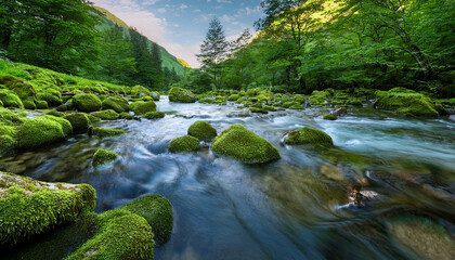 Serene Mountain River With Clear Water And Moss Covered Rocks In A Lush Green Landscape
