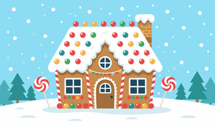 Gingerbread house decorated with candy in winter snowy landscape  