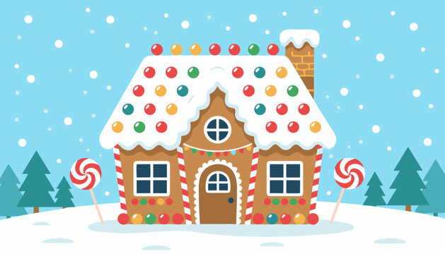 Gingerbread house decorated with candy in winter snowy landscape  