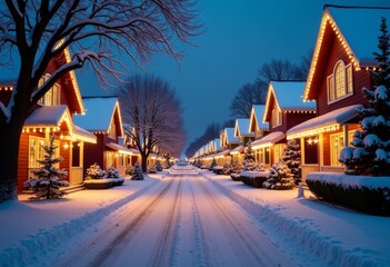 Snowy street with houses in Christmas lights