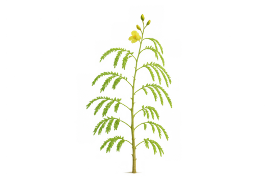 Young moringa tree with developing yellow flowers on a transparent background, depicting growth and nature