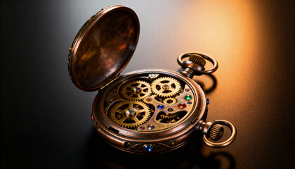 A beautifully crafted steampunk pocket watch with exposed gears, gemstones, and warm metallic lighting. A perfect fit for timepieces, craftsmanship, and vintage mechanical themes.