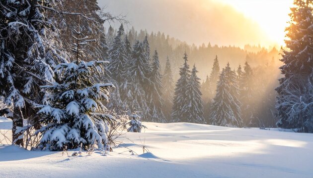Snow-covered forest road lined with evergreen trees under gradient sunrise sky in tranquil winter scene