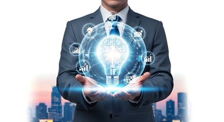 Businessman holding glowing digital sphere with light bulb icon representing innovation, idea, and global business concept isolated on white background