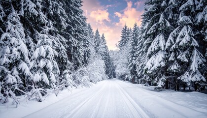 Snow-covered forest road lined with evergreen trees under gradient sunrise sky in tranquil winter scene