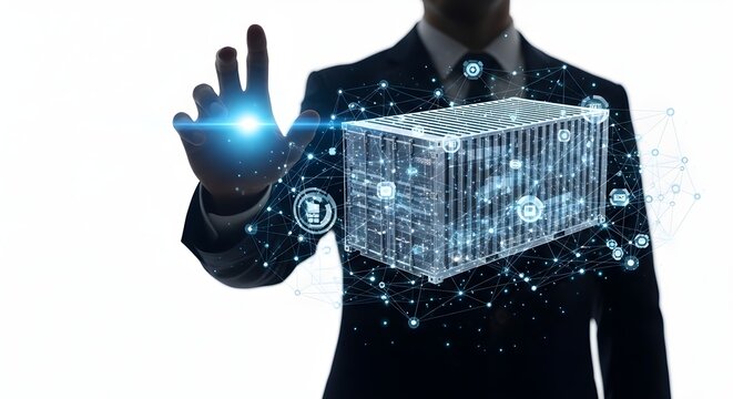 Businessman interacting with holographic digital shipping container projection, symbolizing global logistics and supply chain technology isolated on white background